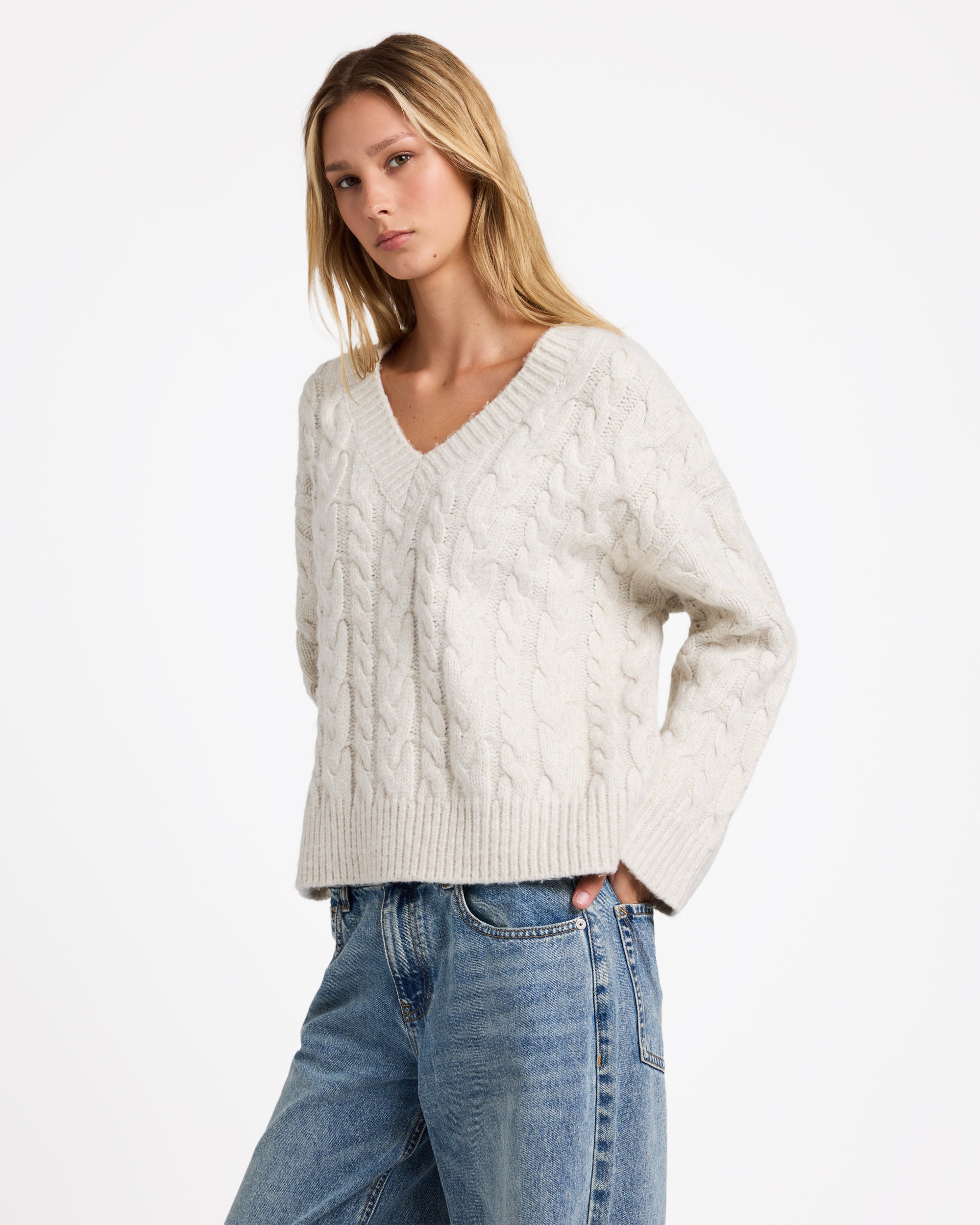 Womens Cable V Neck Sweater