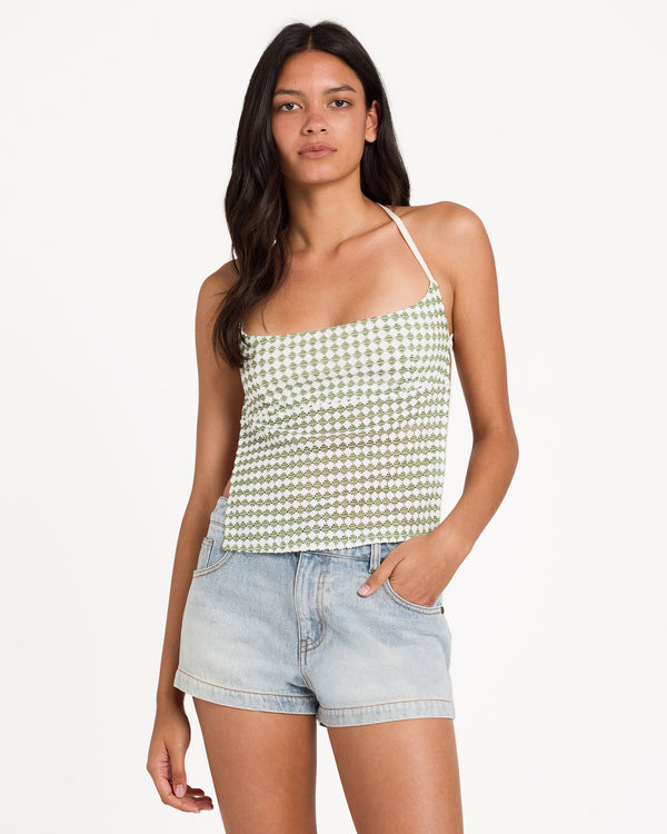 Womens Diamond Crochet Tie Back Square Neck Top
